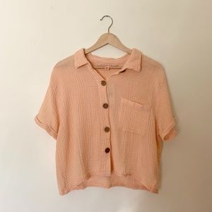 Vanilla Star Pink Gauze Cropped Button Shirt Sz L